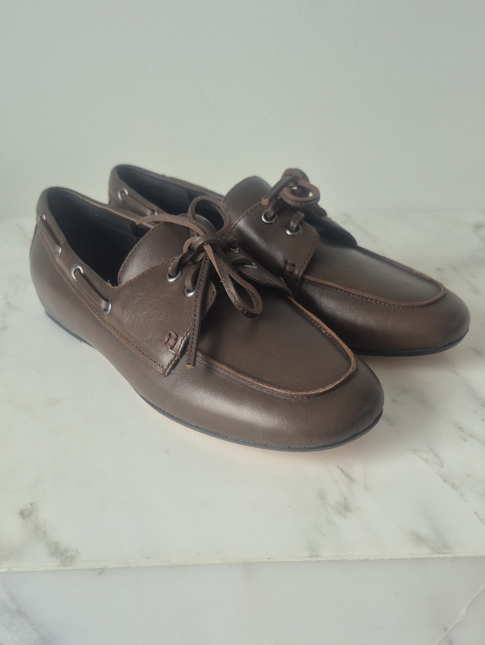 Vince Brown Leather Lace-Up Boat Loafers